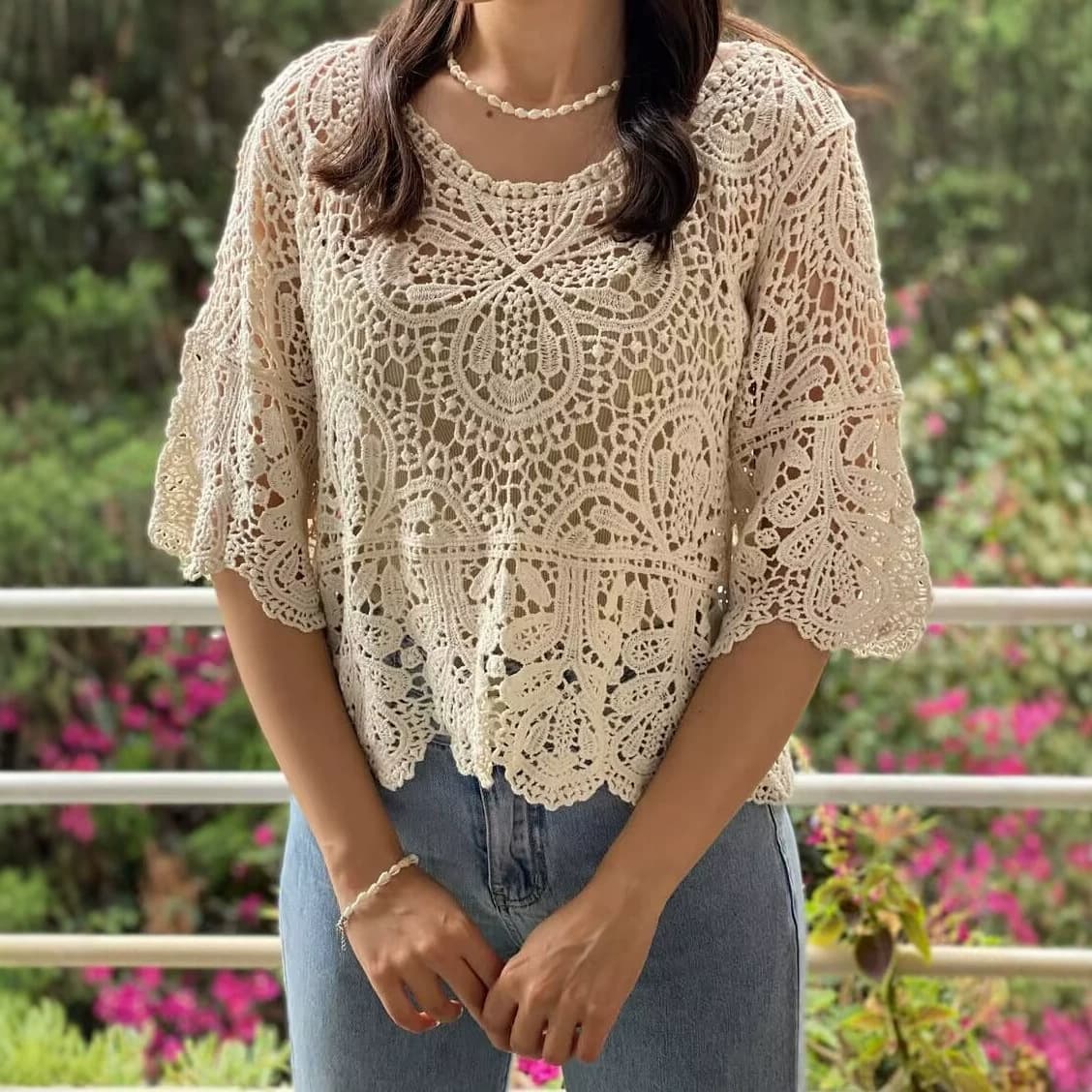 2026 New Women's Lace Hollow-Out Crochet Sun-Protection Three-Quarter Sleeve Shirt for Cross-Border EU/US Amazon Fashion