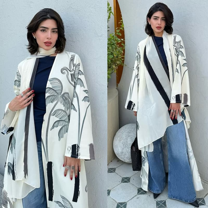 MQ278 Printed Cardigan with Head Scarf, Oversized Outerwear, Amazon Cross-Border Women's Two-Piece Set, Fashion Long Sleeve Jacket
