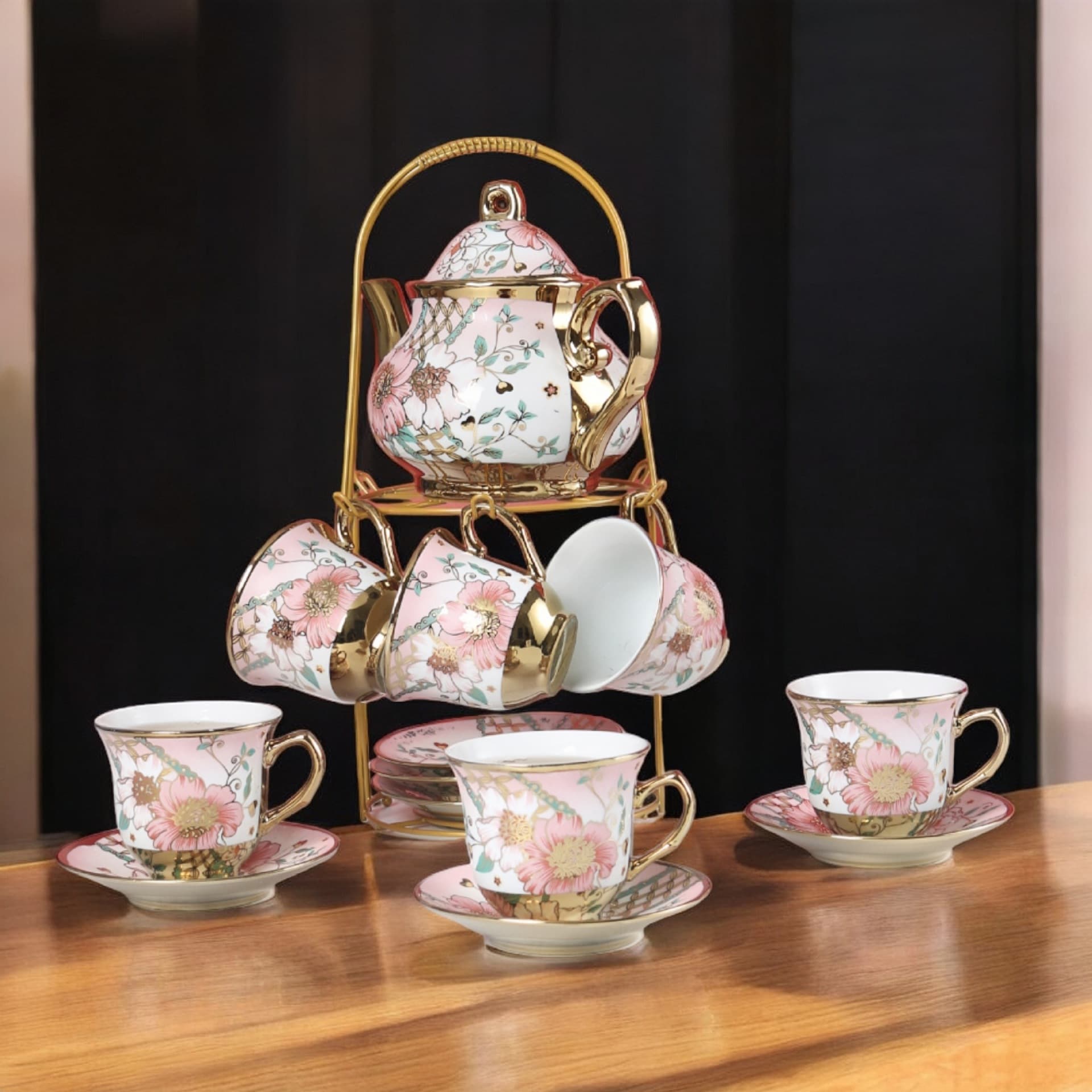 Cross-border European-style Ceramic Coffee Cup and Saucer Set Afternoon Tea Set Electroplated Coffee Set 13-Piece Amazon Bestseller