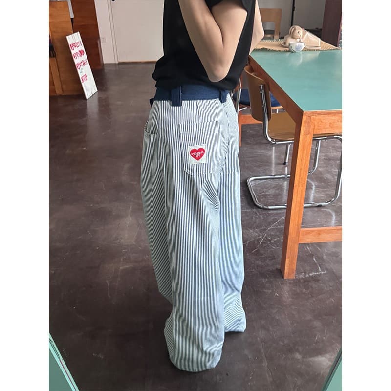 URKR Original Heart Embroidery American Vintage Vertical Striped Pants Women's Designer Niche Casual Straight-Leg Drape Men's