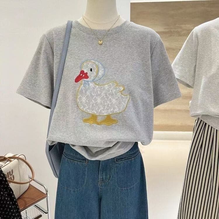 Milk Silk Spring/Summer New Korean Cartoon Duck Print Loose Youthful Short Sleeve Casual T-Shirt for Women