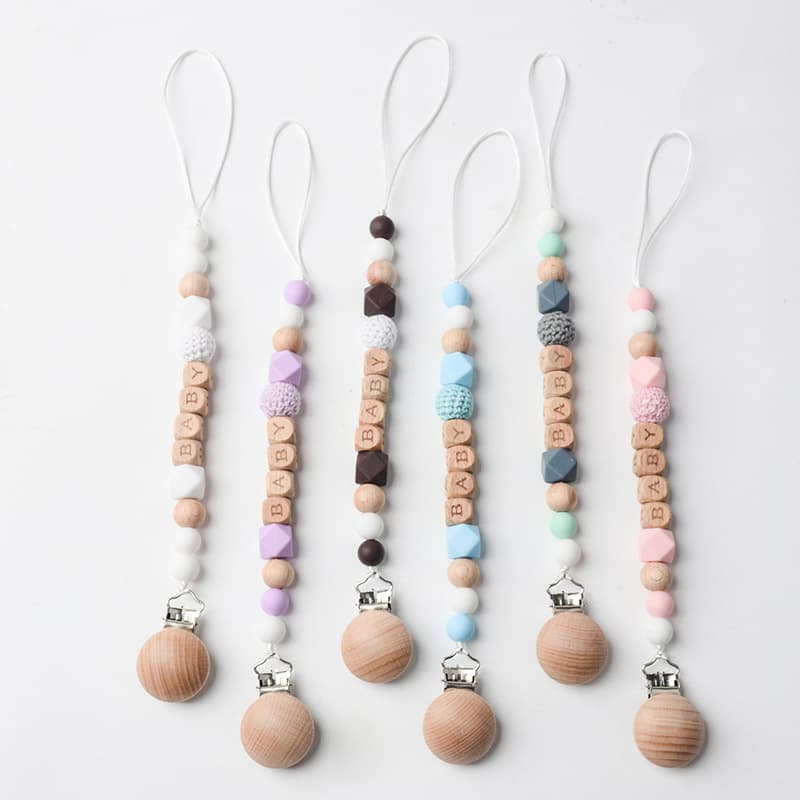 New Beechwood Pacifier Clip Beechwood Letter BABY Silicone Octagonal Bead Crochet Anti-Drop Chain