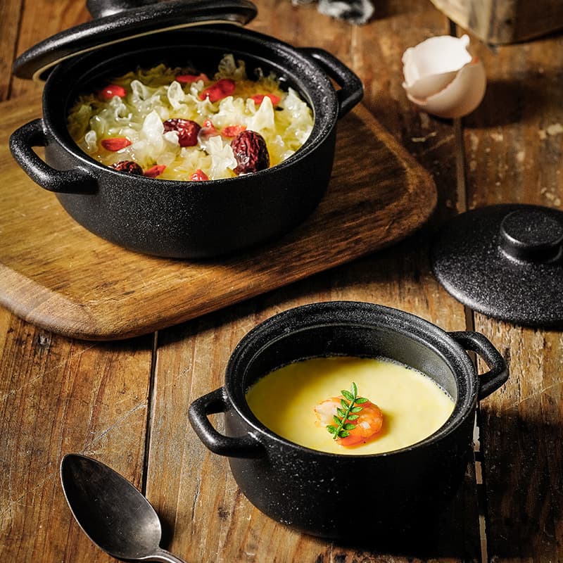 Cast Iron Black Double-Ear Bowl with Lid, Household Stewing Pot, Bird's Nest Bowl, Ceramic Dessert Bowl, Steamed Egg Bowl, Baking Bowl, Breakfast Soup Bowl