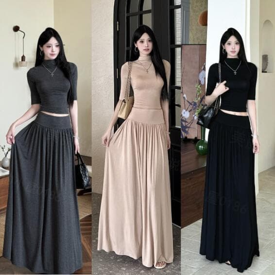 Fashionable hot girl suit Slim and slim half turtleneck mid-sleeve top high waist skirt two-piece set for women