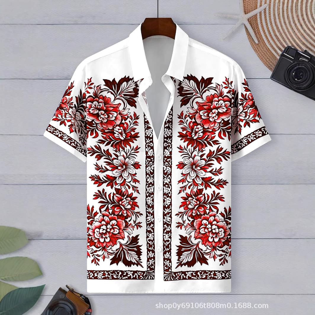 Summer Men's Fashion Short Sleeve Shirt New Hawaiian Print Shirt Drop Shipping Cross-border Amazon Hot Sale