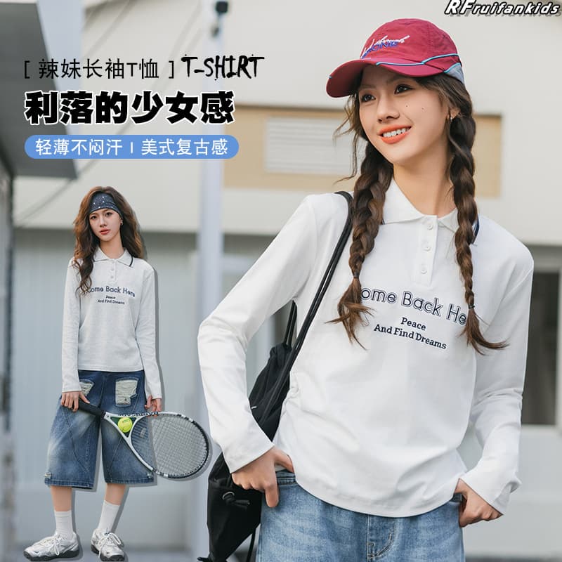 A2 [Buy 2 Get 1 Free, Free Shipping] Junior High School Girls' Polo Shirt Long-Sleeve T-Shirt Trendy Base Shirt for Spring