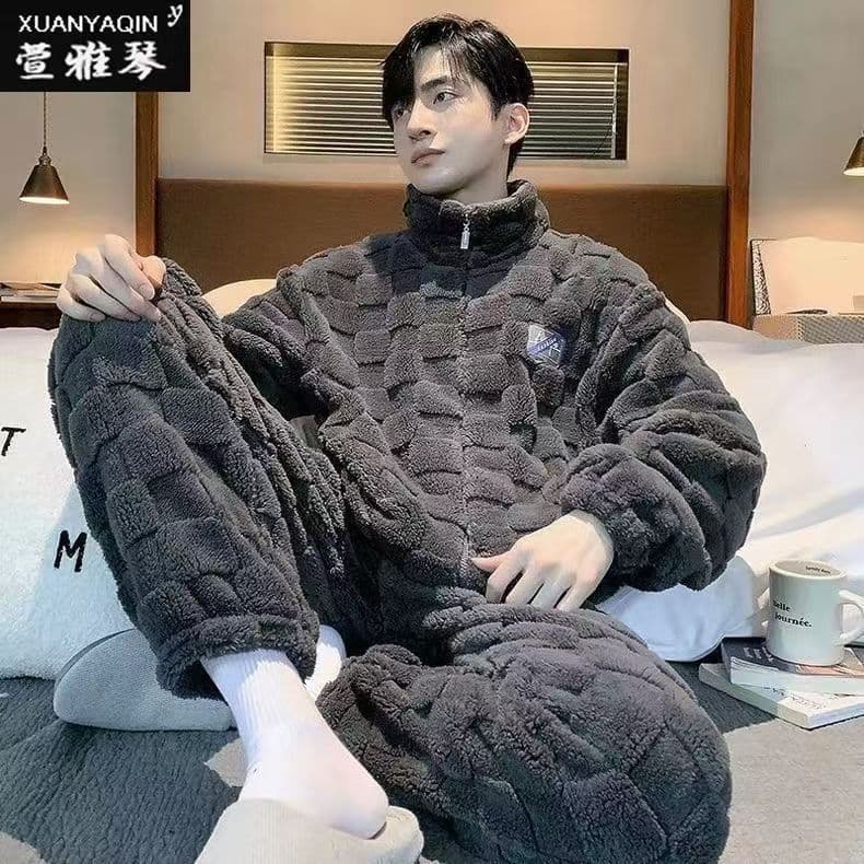 2025 New Men's Sleepwear Thickened Long Sleeve Coral Fleece Flannel Home Clothes Set Warm Comfortable Autumn Winter Pajamas