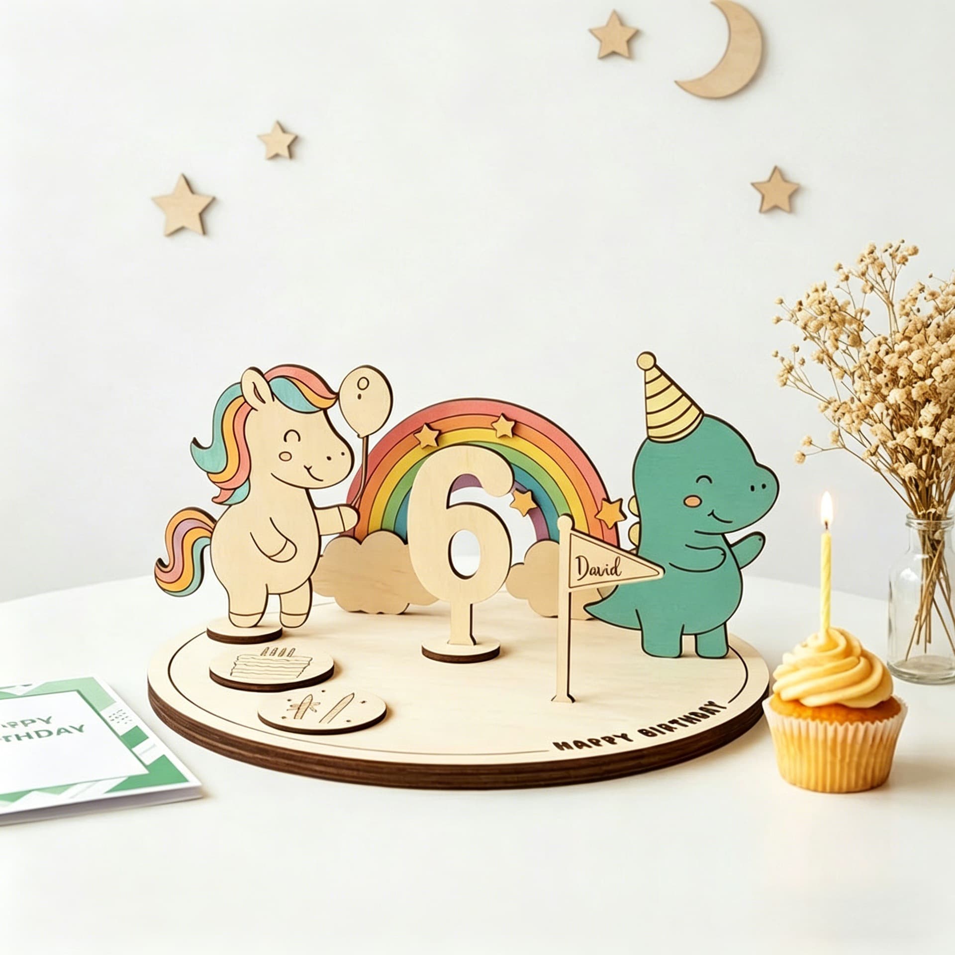 Wooden Rainbow Unicorn Dinosaur Birthday Table Decoration with Replaceable Numbers for Baby's First Birthday Party Setup