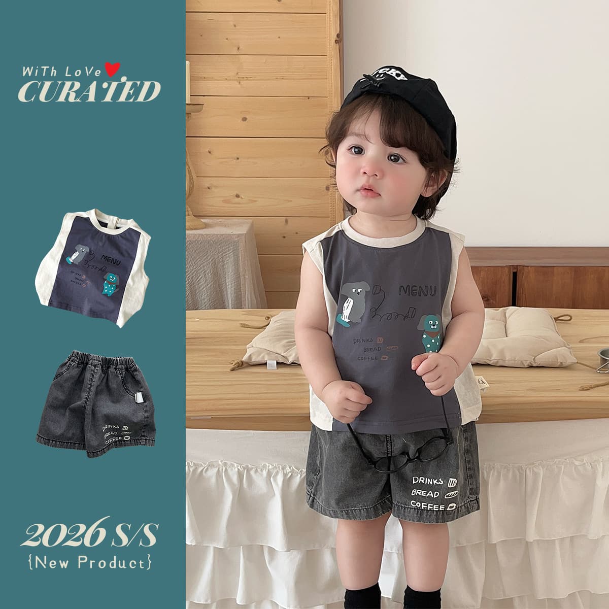 Baby clothes, children's fashion suits, cartoon patchwork vests, short-sleeved ice silk denim shorts, trendy summer children's clothing