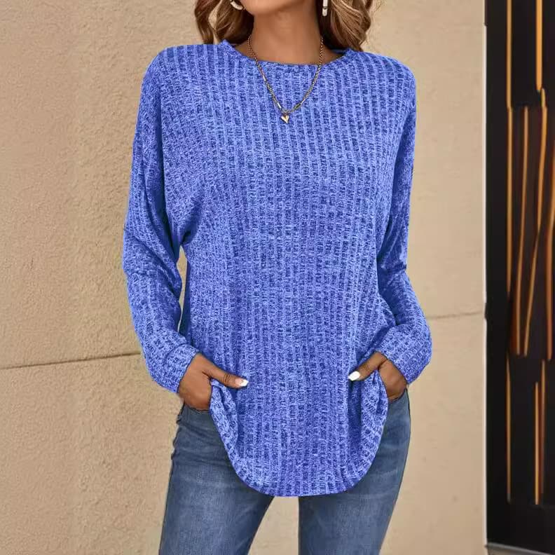 Amazon Wish 2023 European and American Autumn New Knitted Fir Round Neck Pit Top Long Sleeve Loose T-Shirt