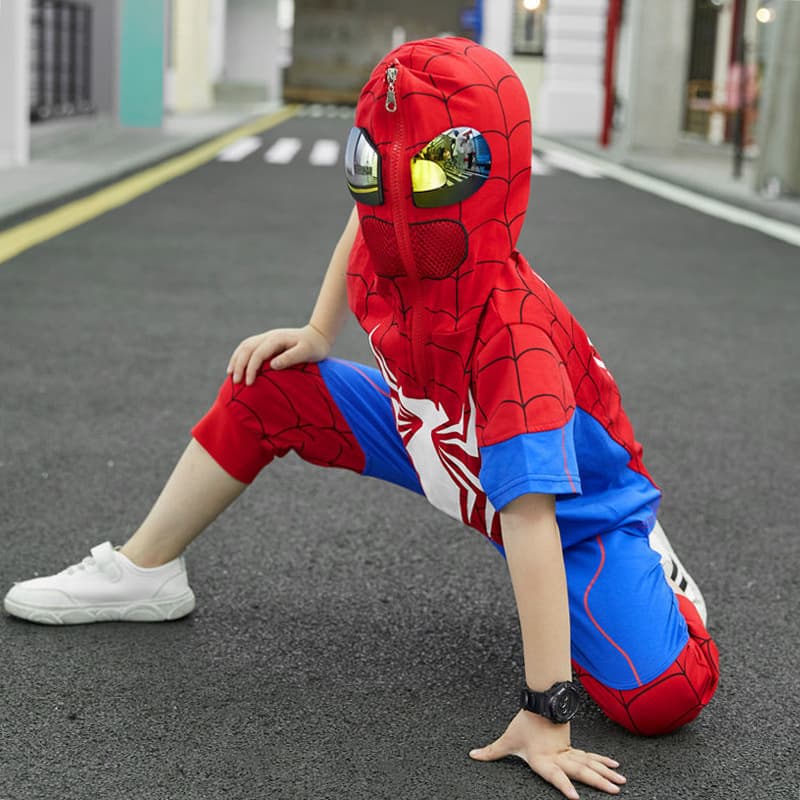 Spider-Man Summer Clothing Children's Clothing Small and Medium-sized Children's Hood Cartoon Cotton 7-Piece Pants Sports Boys Summer Two-piece Short Sleeves