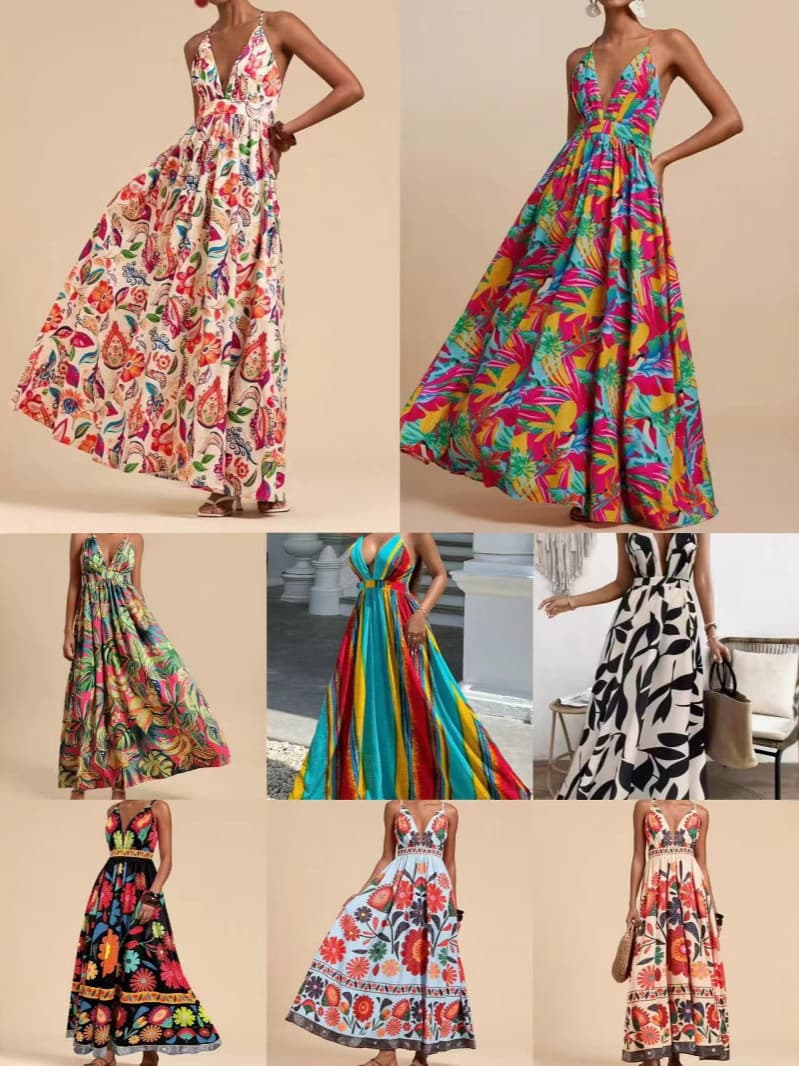Cross-border Amazon 2025 Summer New Fashion Sexy Slim Fit Printed Halter Dress