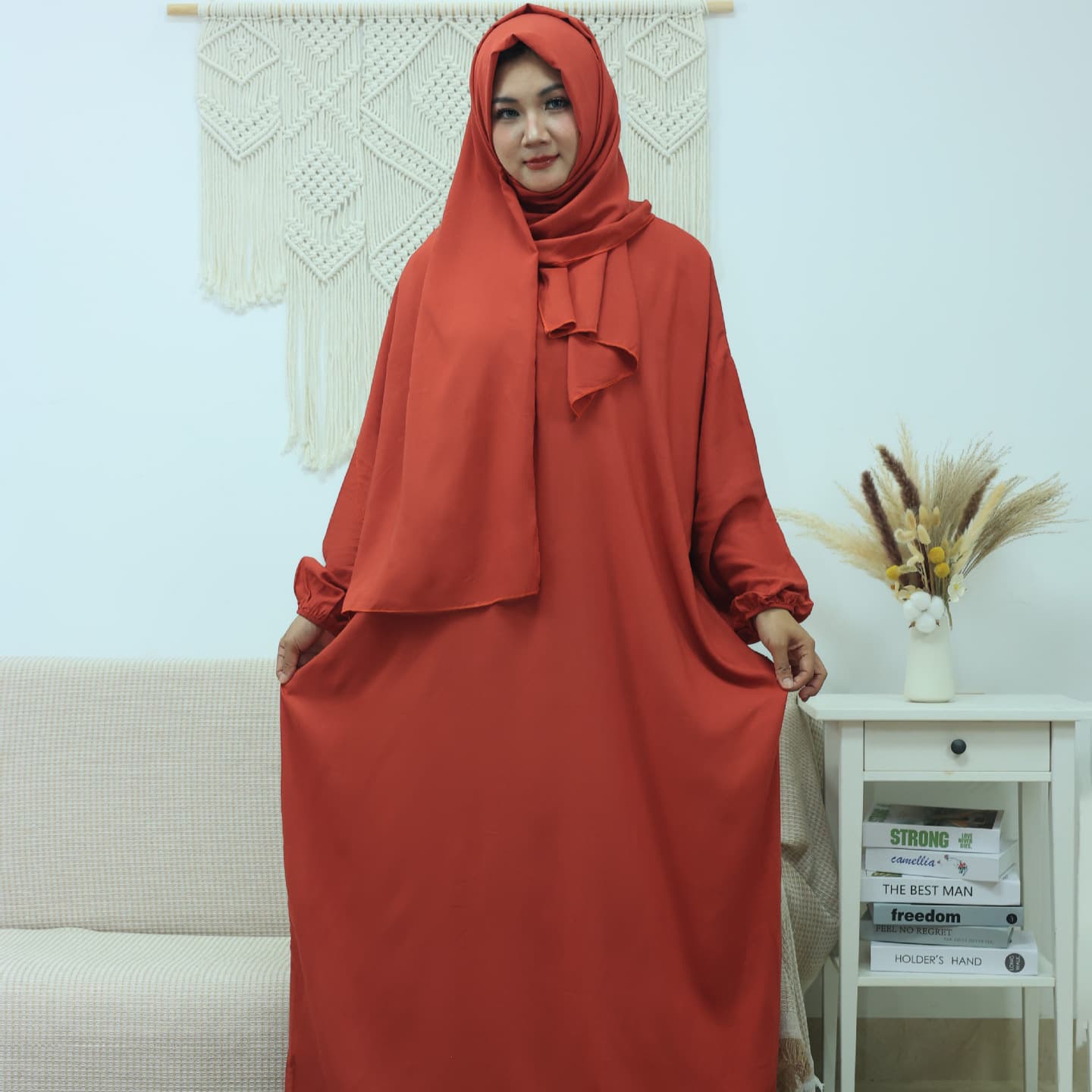 New Cross-border Plus Size Prayer Dress, Red Prayer Gown, Loose Fit with Attached Headscarf Long Robe