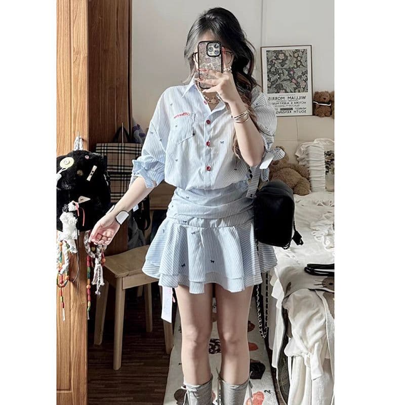 Sweet and Cute Polo Collar Striped Shirt Dress for Women, Summer New Korean Style College Look Youthful Five-Sleeve Dress