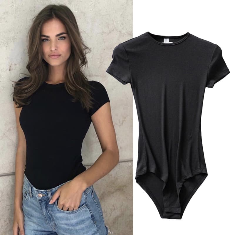 European and American Plus Size Women's Solid Color Short Sleeve Bodysuit Top Summer Ins Style Slim Fit Turtleneck Bodysuit for Women