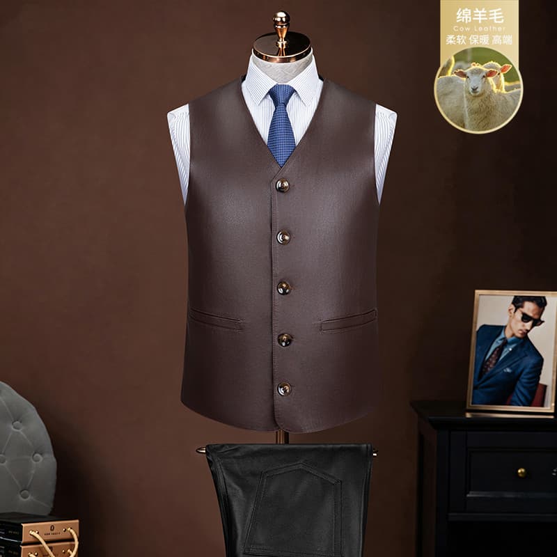 Brown New Genuine Leather Vest for Men Middle-Aged and Elderly Thickened Top-Layer Cowhide Casual Vest Wool Lining Fur Integrated