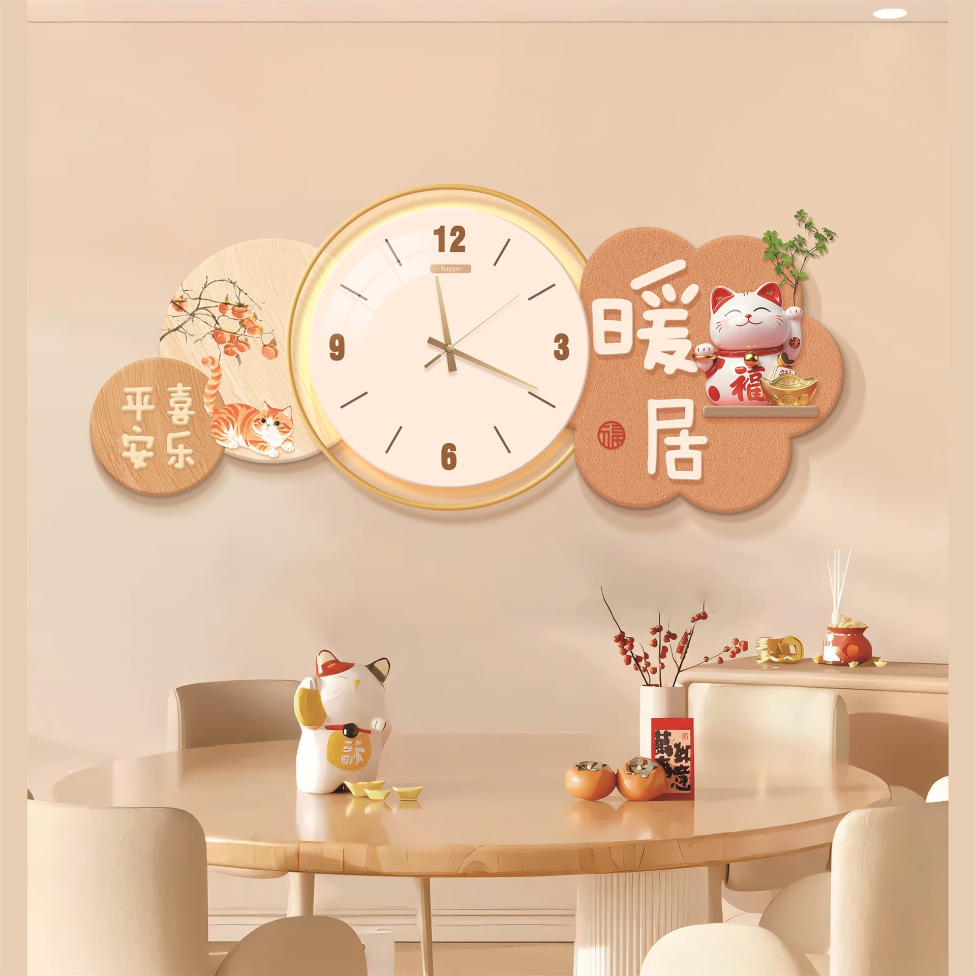 Restaurant Decorative Painting Modern Simple Luminous Warm House Background Wall Wall Clock Mural Light Luxury High-end Living Room Clock Hanging Painting