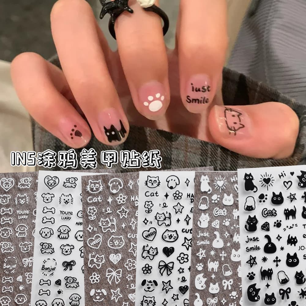 Cartoon graffiti cat and dog nail stickers, Hakimi black and white cute line adhesive nail decorations wholesale
