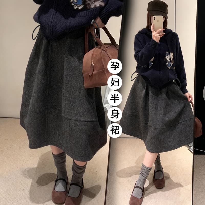 Maternity Skirt Autumn/Winter New Style 2025 Premium Korean Season Retro Wool Blend 7/8 Length Skirt Plus Size Skirt
