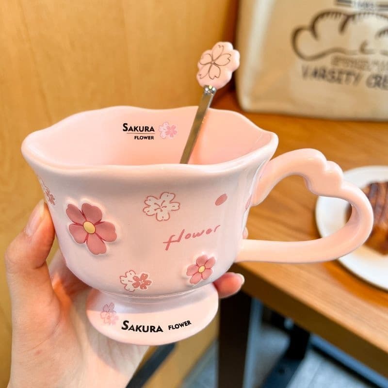 Cherry Blossom Ceramic Mug, High Appearance Home Mug with Spoon, Office Water Cup, Creative Breakfast Coffee Cup for Women