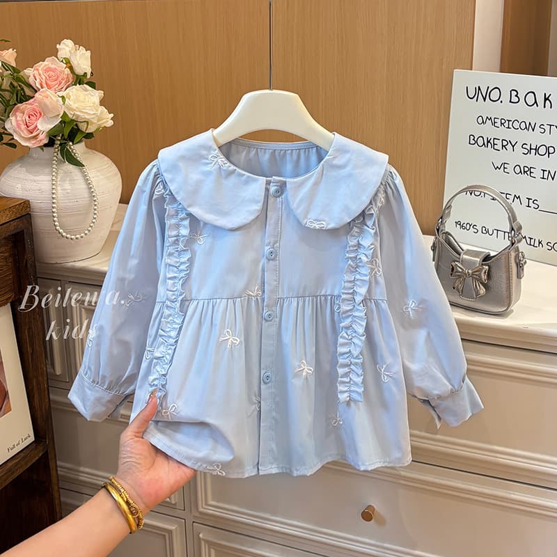 Girls Long-Sleeve Cotton Doll Blouse with Ruffle Trim, Spring New Arrival Korean Sweet French Style