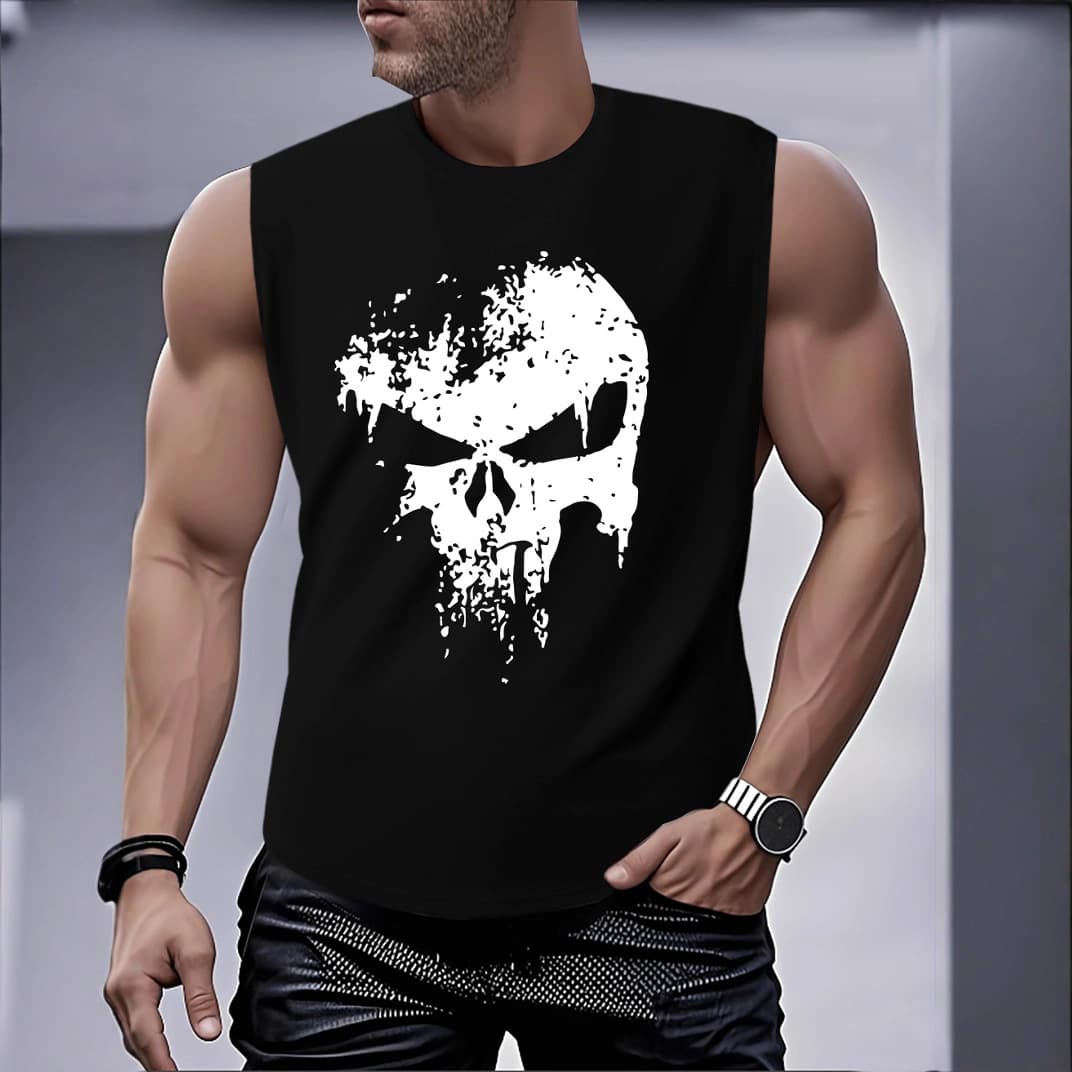 Loose Large Size Skull Print Tank Top Men's Training Muscle Shoulder Sports Fitness Sleeveless T-Shirt Cross-Border Summer