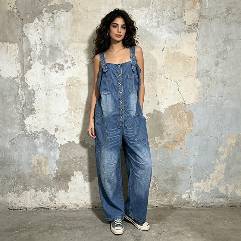 Retro casual overalls 2026 summer new style sleeveless loose high-end large pocket denim jumpsuit for women