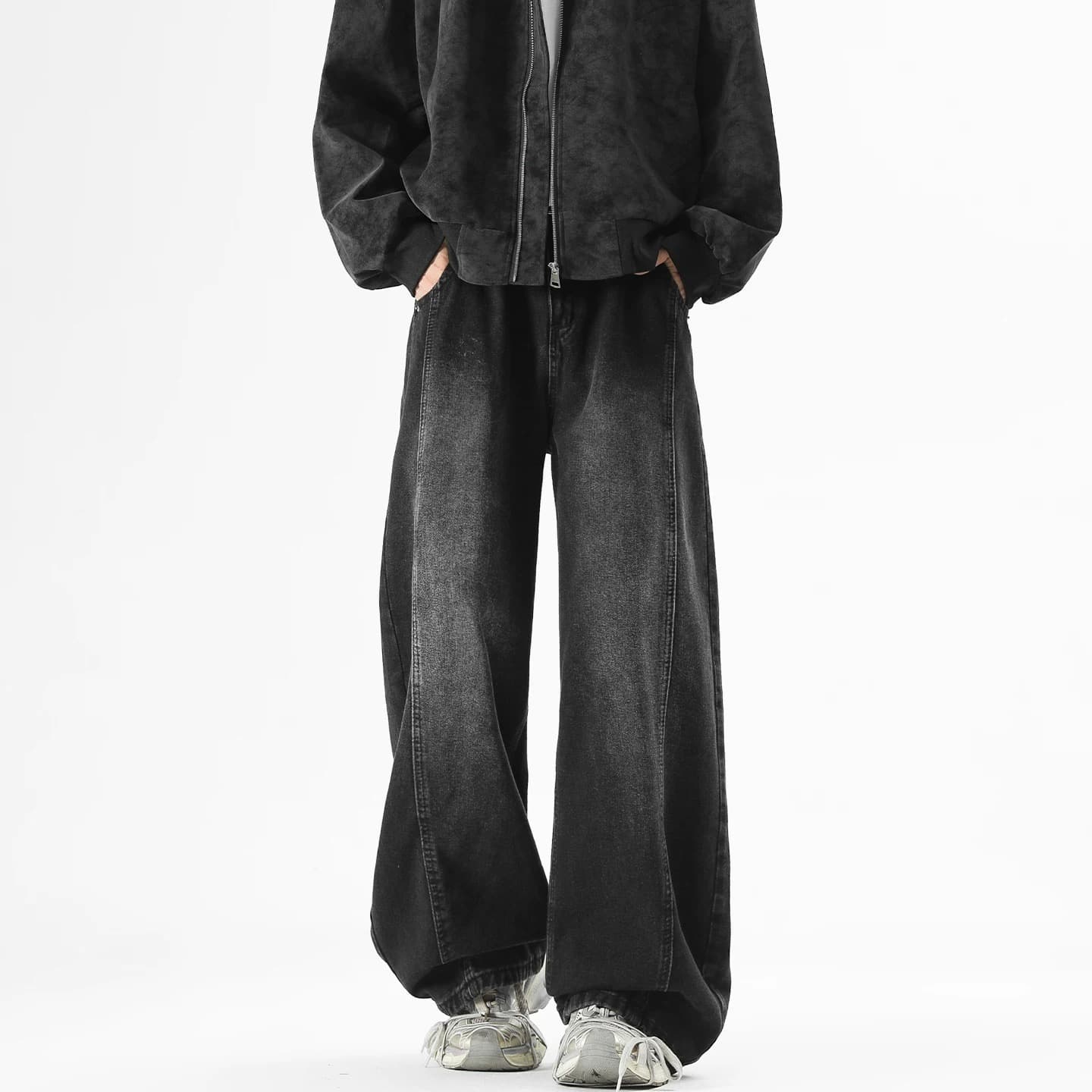 American Retro Washed Deconstructed Curved Straight Leg Denim Pants Men's and Women's Streetwear Dropped Waist Loose Fit Baggy Sickle Pants