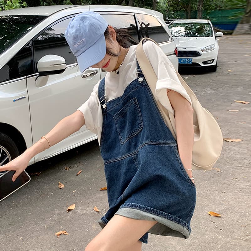 [Hanniu] Autumn new denim suspender shorts for women, fashionable design, niche and style, age-reducing five-point pants