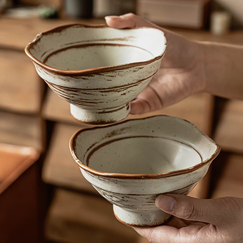Vintage Coarse Pottery Small Bowl Ceramic Rice Bowl Specialty Tall Foot Bowl Household Rice Bowl Small Dish Retro Tableware Wholesale