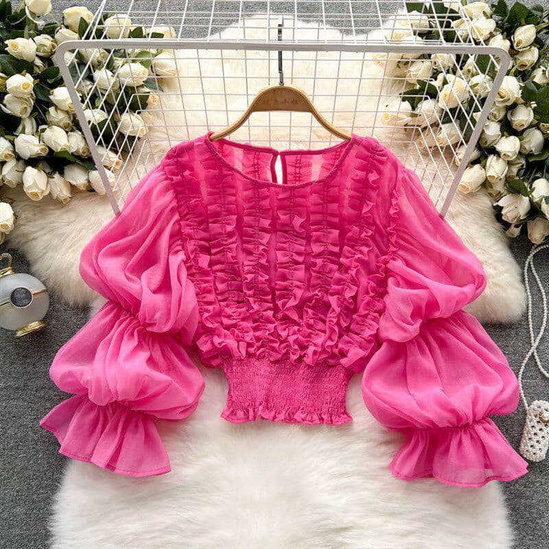 Cross-border European and American style lace-trimmed shirt with French-inspired lantern sleeves, tailored short blouse