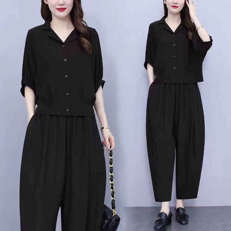 Summer Loose Fashionable Youthful Mother's Set: Polo Short-Sleeve Cardigan with Harem Pants Women's Two-Piece Outfit
