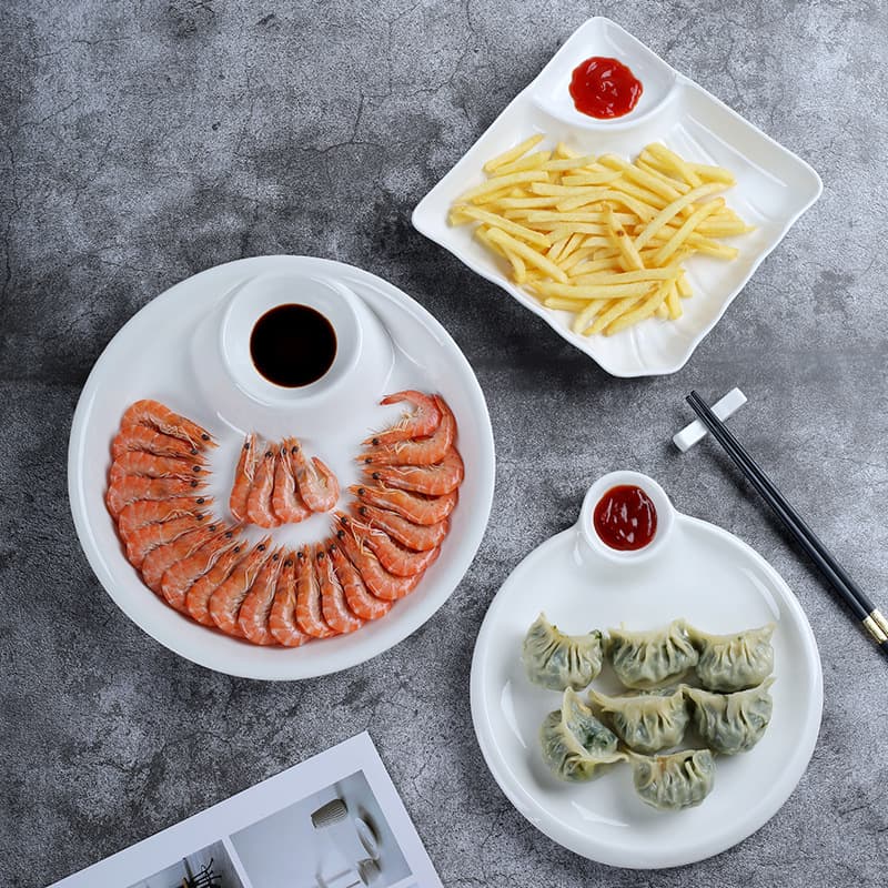 Ceramic Dumpling Plate with Vinegar Dish, Creative Compartment Plate, Multi-Compartment Fruit Plate, Fries Plate, Shrimp Plate, Hotel Serving Plate