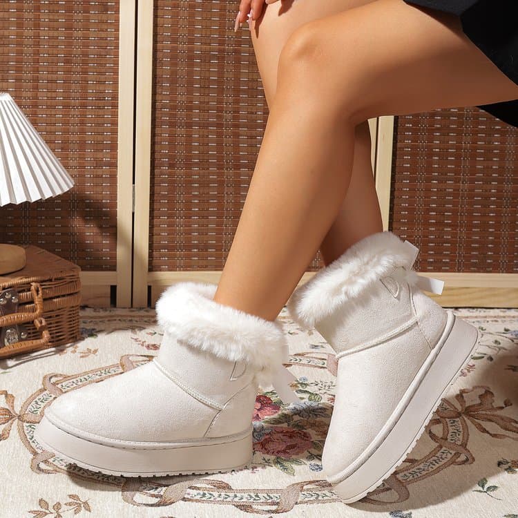 Fleece-Lined Thick Snow Boots Slip-On 2025 Winter New Thick Sole Bow Warm Plus Size Cotton Shoes