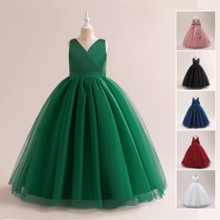 Export Cross-border Children's Wedding Dress Satin Tulle Birthday Performance Tutu Dress with Bow