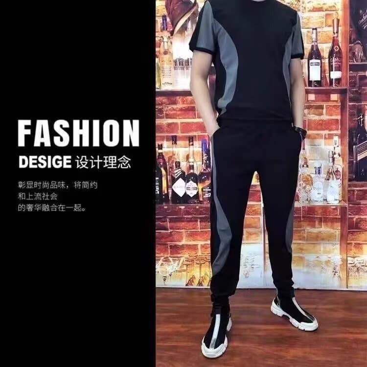Spring and summer Korean style color matching casual suit for men, loose, slim, breathable, sports two-piece set, comfortable casual shirt for commuting