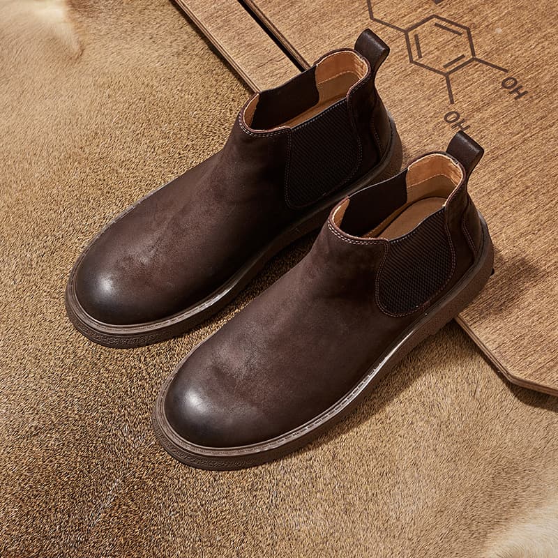 Autumn Winter Men's Chelsea Ankle Boots Fashion British Versatile Casual Martin Boots Genuine Leather Round Toe Fleece-Lined Boots