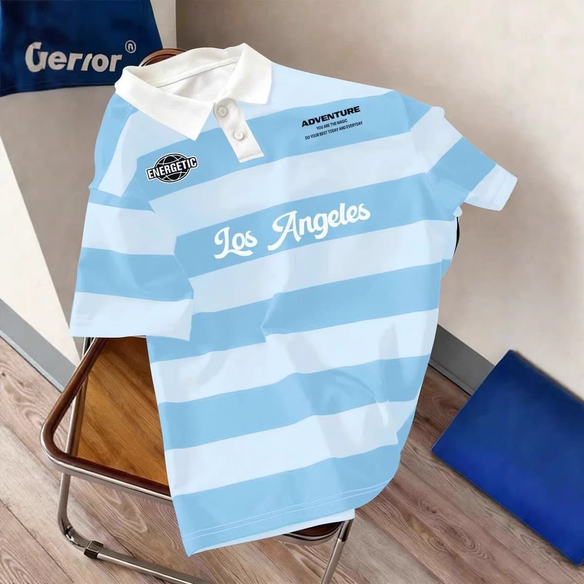 Street Style Contrast Stripe Lapel Polo Shirt for Men Trendy NewYork Print Top