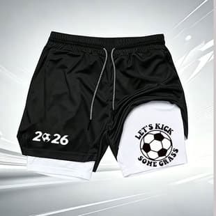2026 Football Print Shorts Men's Fitness Training 2-in-1 Sports Quick Dry Exercise Jogging Double Layer Shorts