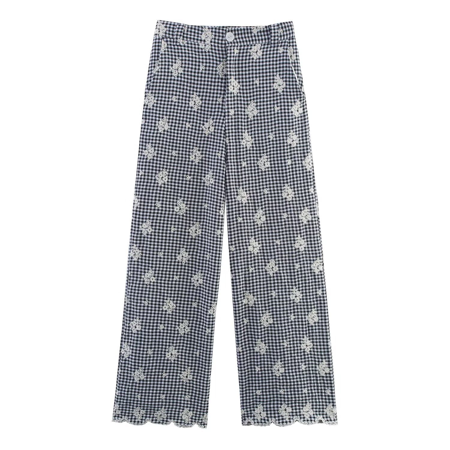 European and American style new summer women's clothing cross-border foreign trade fashion embroidered plaid long wide-leg pants 3400930