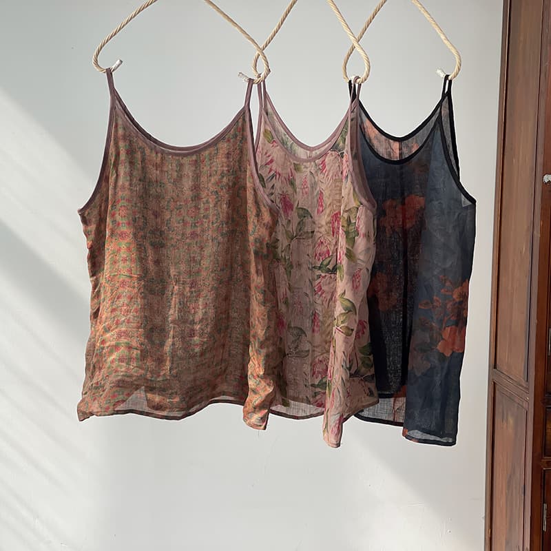 Exquisite Summer Print Thin Ramie Artistic Retro Top for Women, Original Loose Fit Plus Size, Wearable Outerwear or Innerwear Camisole