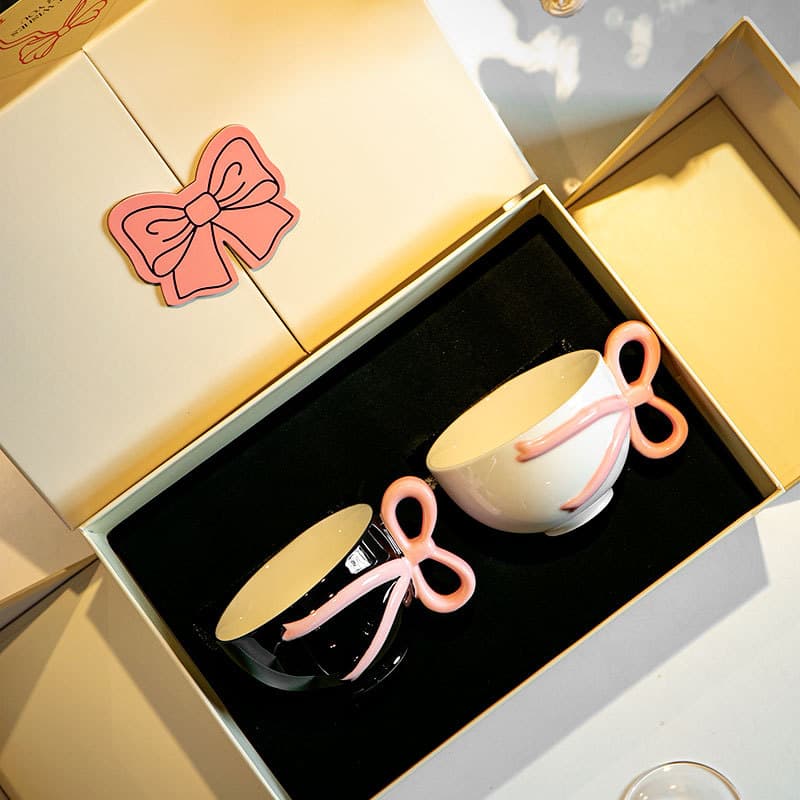 High-Aesthetic Ins Bow Creative Ceramic Stemmed Glass for Women, Home Tea Cup, Gift Box Set