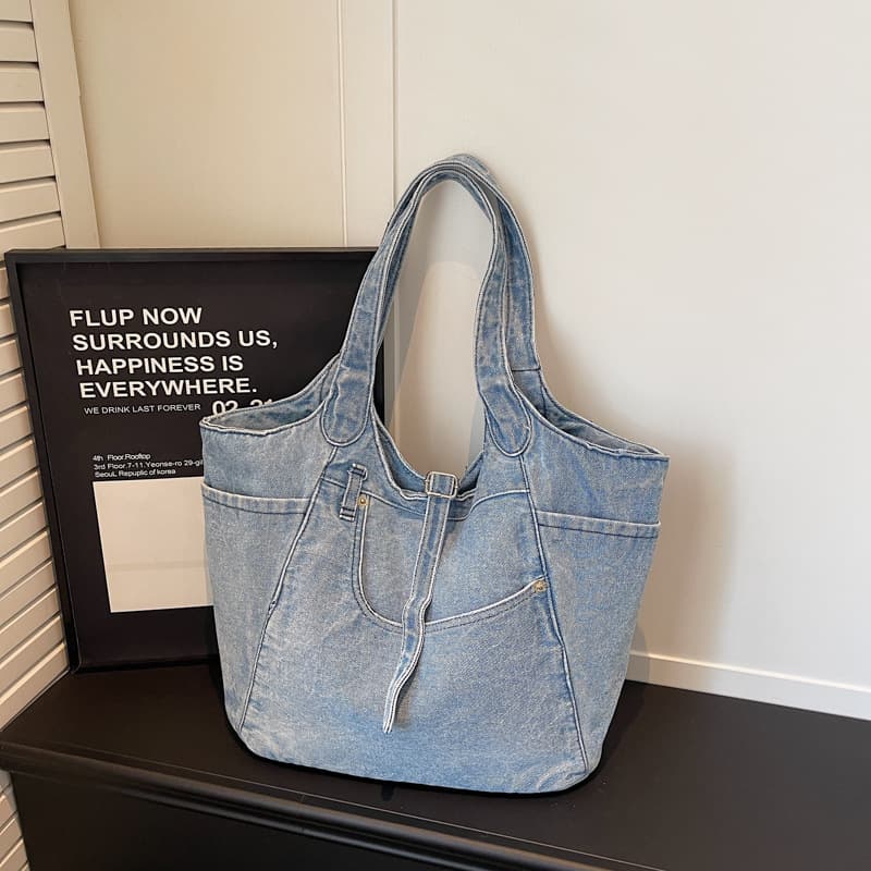Lazy Japanese Retro Denim Tote Bag, Unique Design for Women, Versatile Commuter Handbag & Shopping Bag