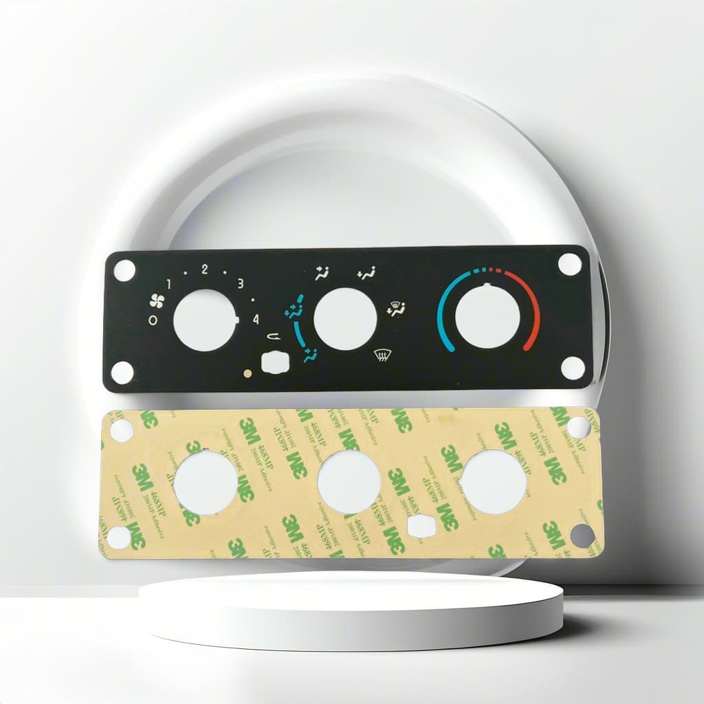 Screen-printed PVC film panels, automotive temperature regulator control overlays, automotive air conditioning control panels