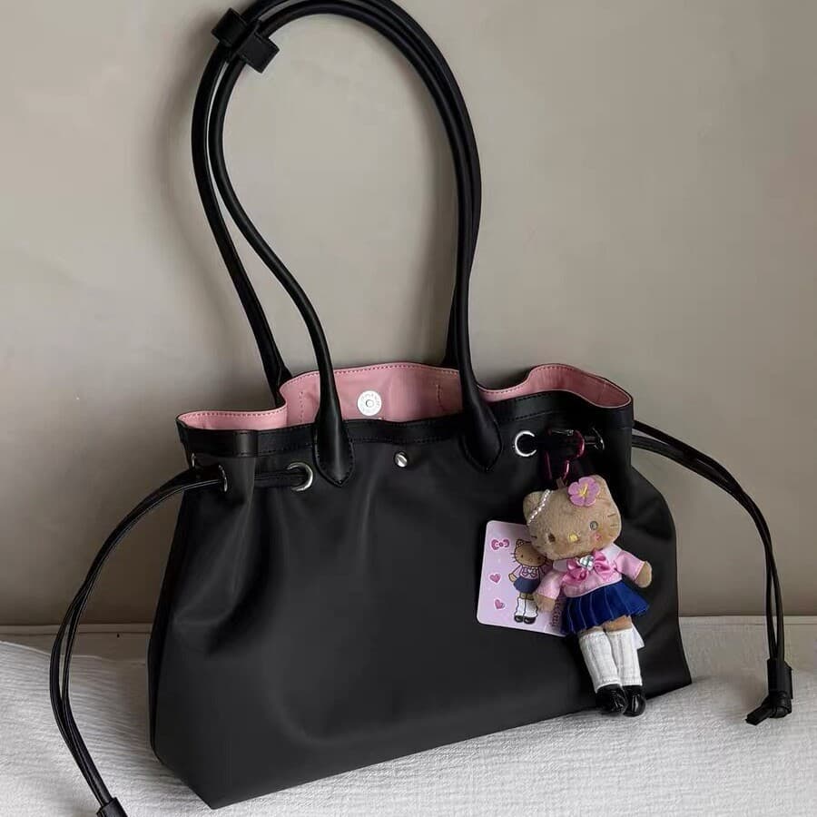 2026 New Large Capacity Tote Bag for Women, Niche Color-Block Nylon Canvas Drawstring Shoulder Handbag, Commuter Large Bag