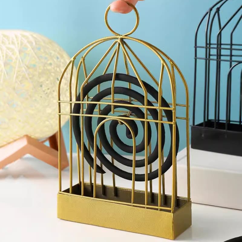 Nordic creative birdcage fireproof mosquito coil holder, household metal iron incense tray with hanging burner and ash catcher.