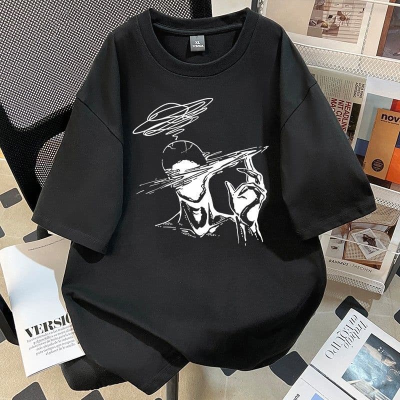 Heavyweight Cotton Short Sleeve T-Shirt for Men, Creative Graffiti Print, Casual Versatile Ins Streetwear Brand, Round Neck Top