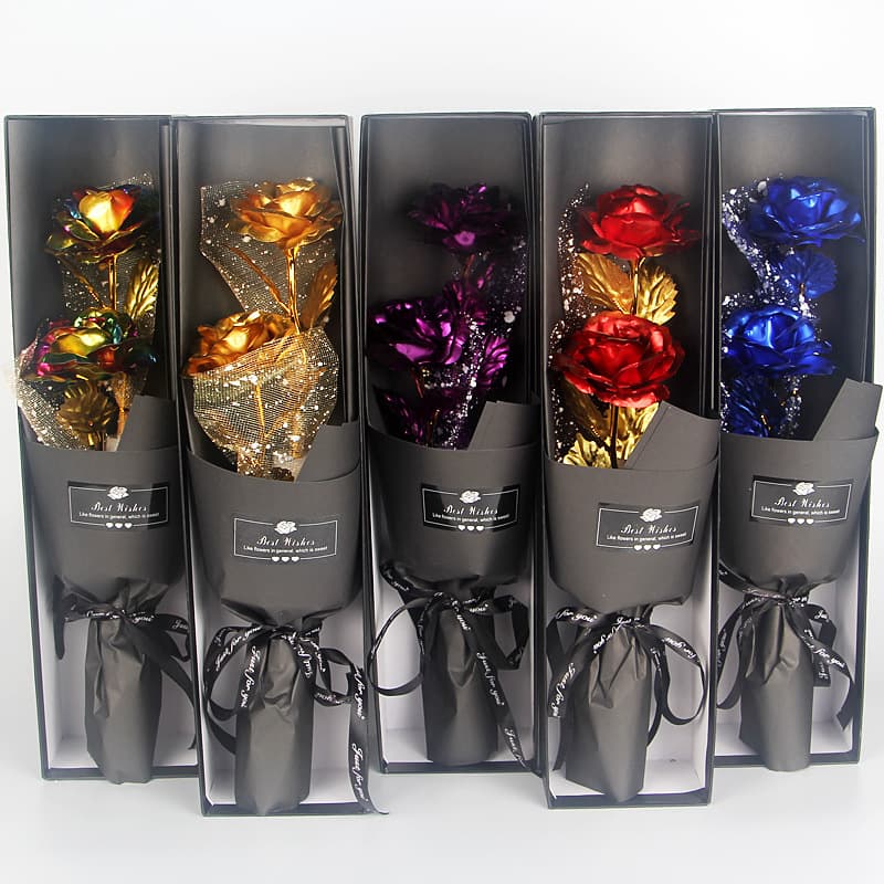 Gold Foil Rose Bouquet for Girlfriend Wife 2 Imitation Gold Roses Qixi Christmas Valentine's Day Gift