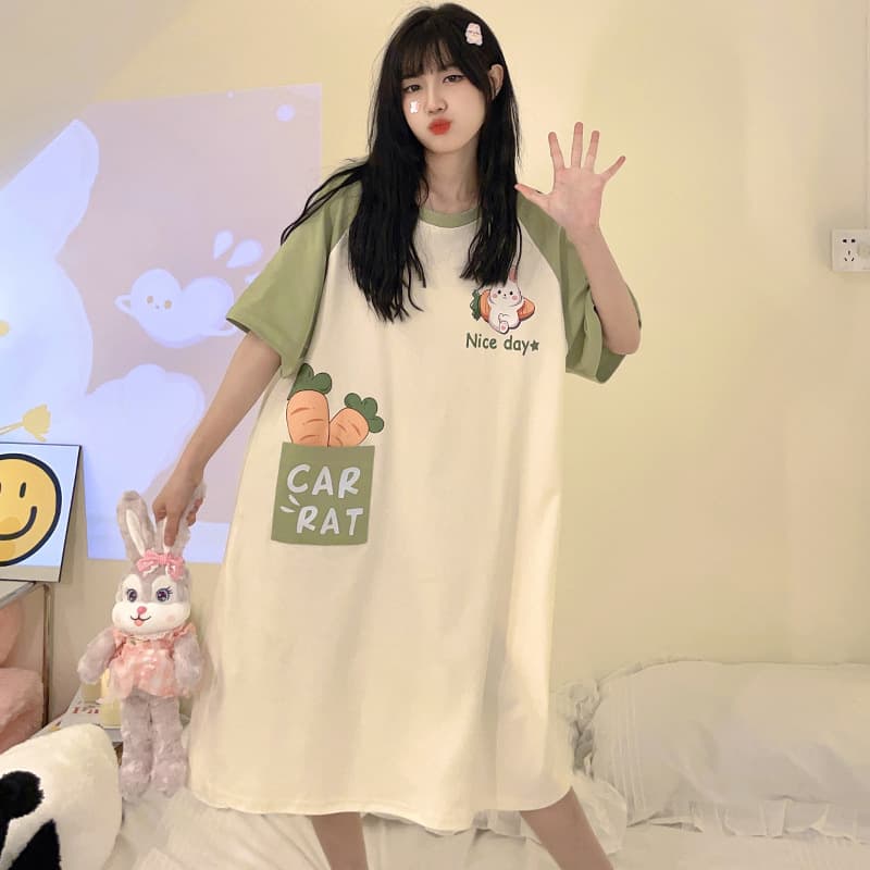Sweet Cute Nightdress Women's Summer Plus Size Home Wear Thin Short Sleeve Loose Chubby Girl Women's Pajamas Summer