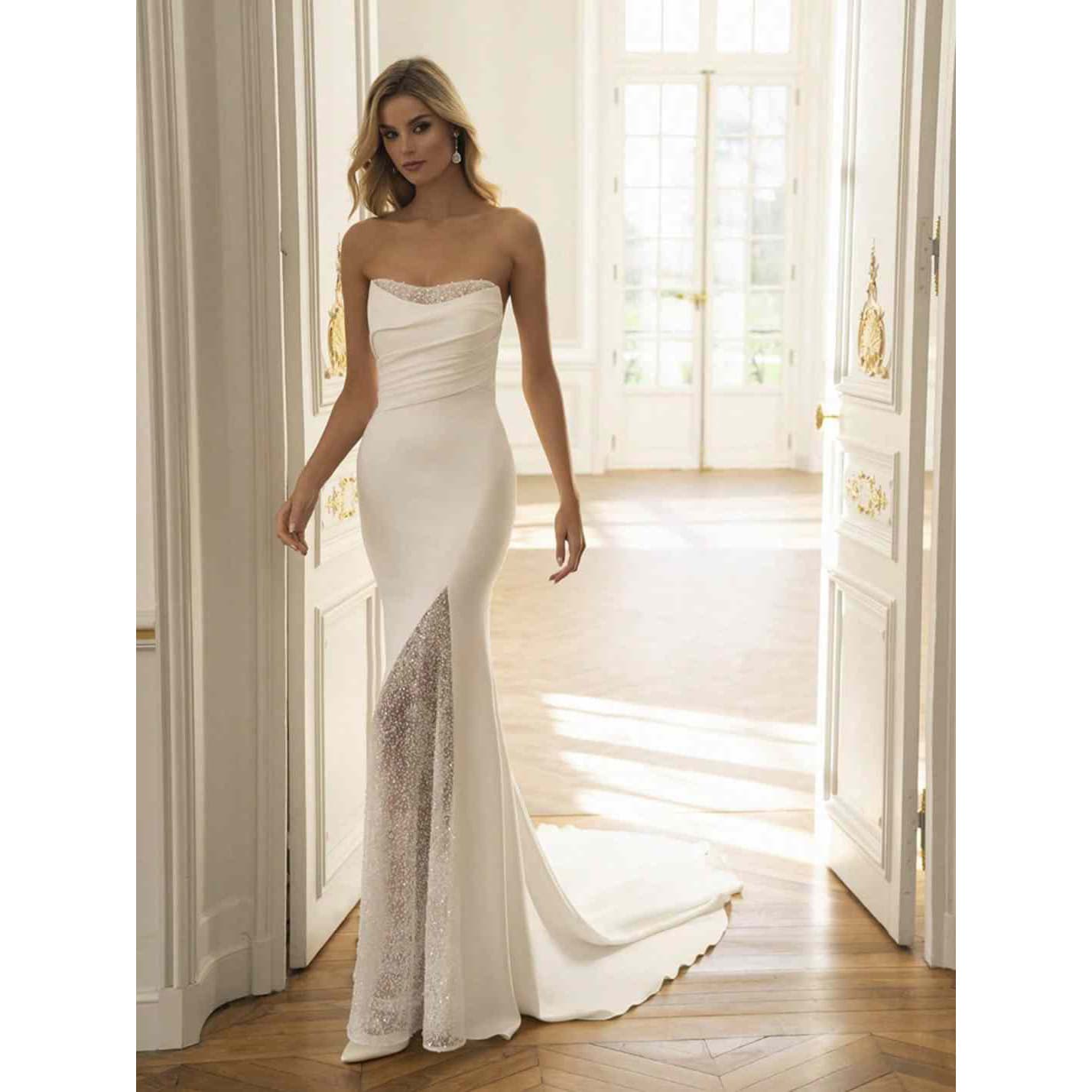 Light Wedding Dress White Gown for Women Wish Standalone Site Italy Strapless Backless Simple Train Bridal Dress Soft Satin